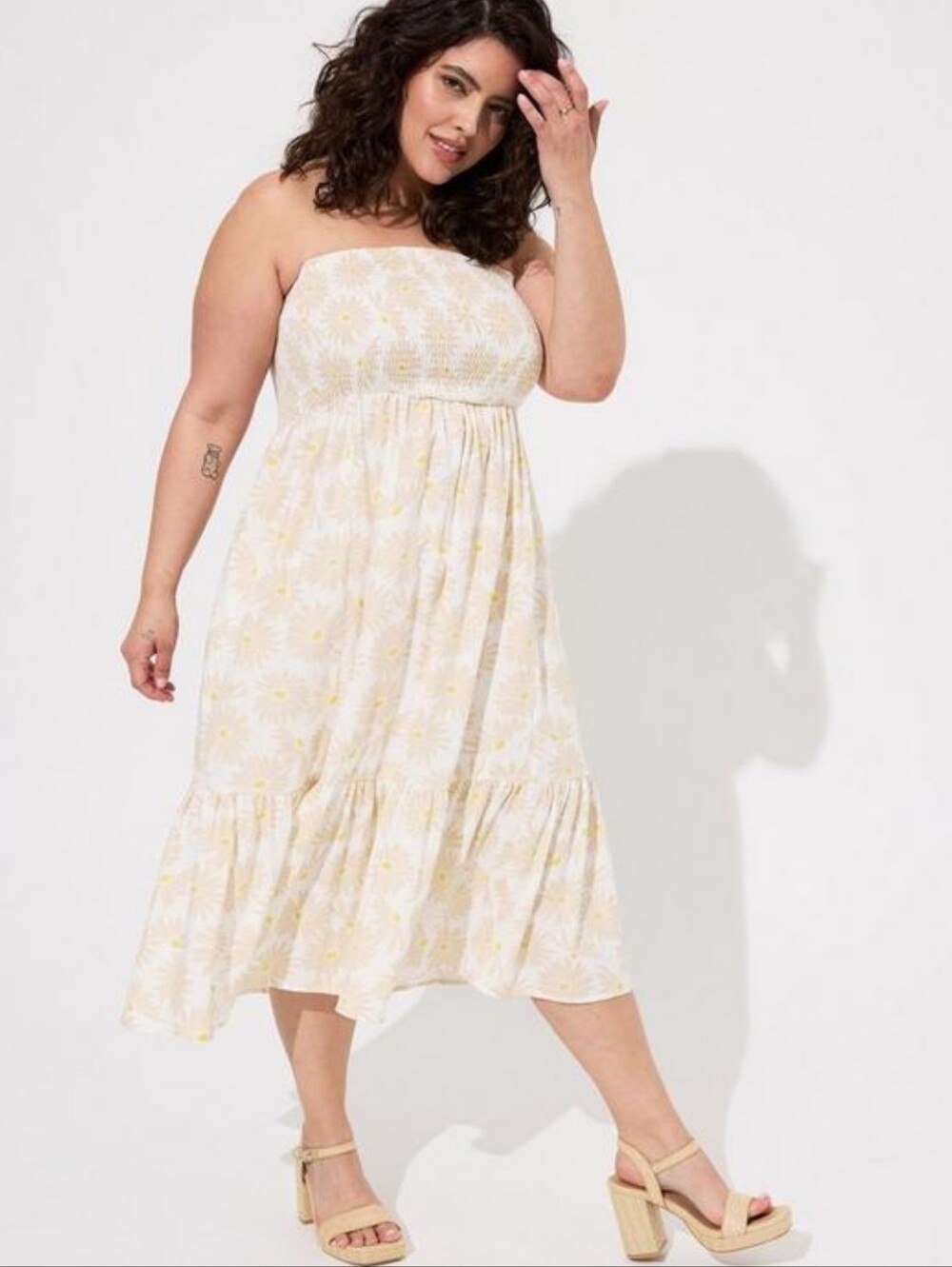 Strapless Yellow Daisy Midi Dress - Women